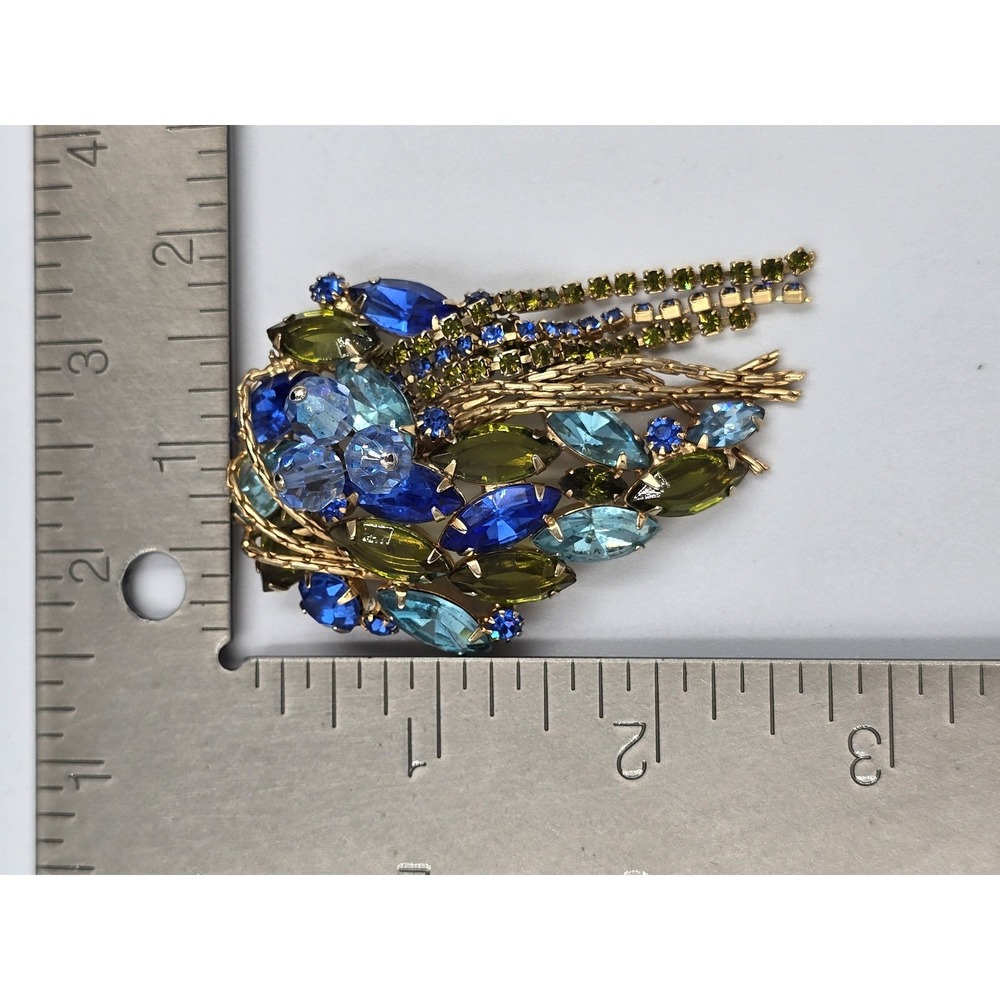 Vintage Mid-Century Blue‎ & Olive Green Rhinestone Cascade Brooch Pin 3" - Picture 12 of 12